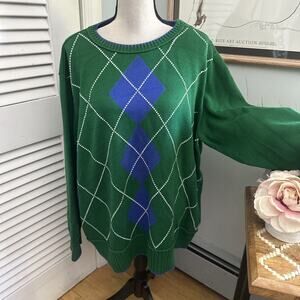 LIZ CLAIBORNE Sweater Womens 3X Green Argyle Cotton Pullover Preppy Classic